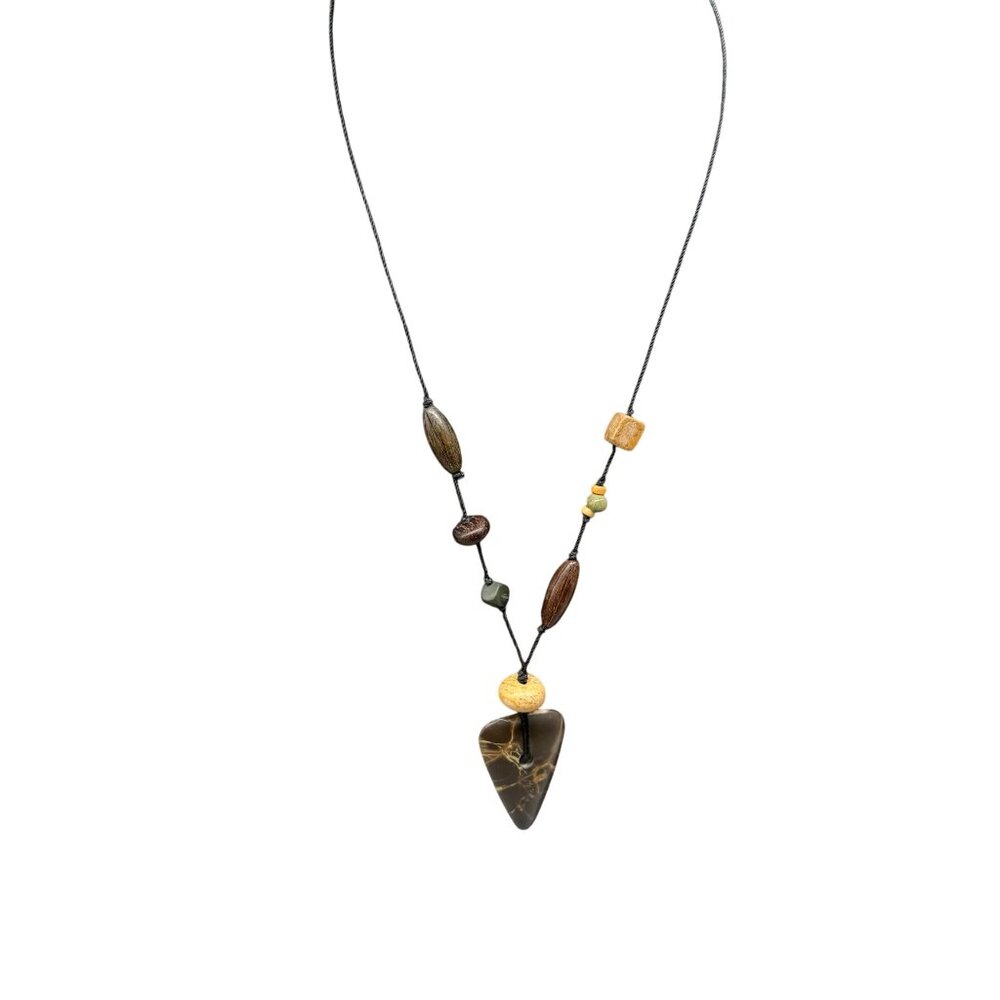 Green Brown Yellow Wooded Beads Stone Station Black Cord Y Drop Necklace Boho